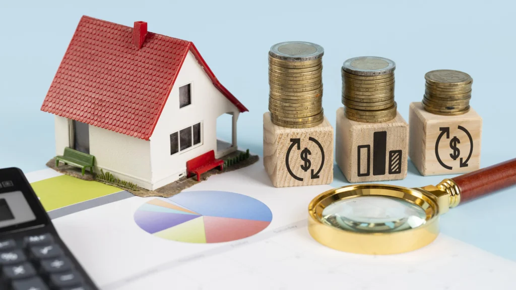 A miniature house model with a red roof placed next to stacks of coins on wooden blocks, financial charts, a magnifying glass, and a calculator, symbolizing real estate investment and financial growth.